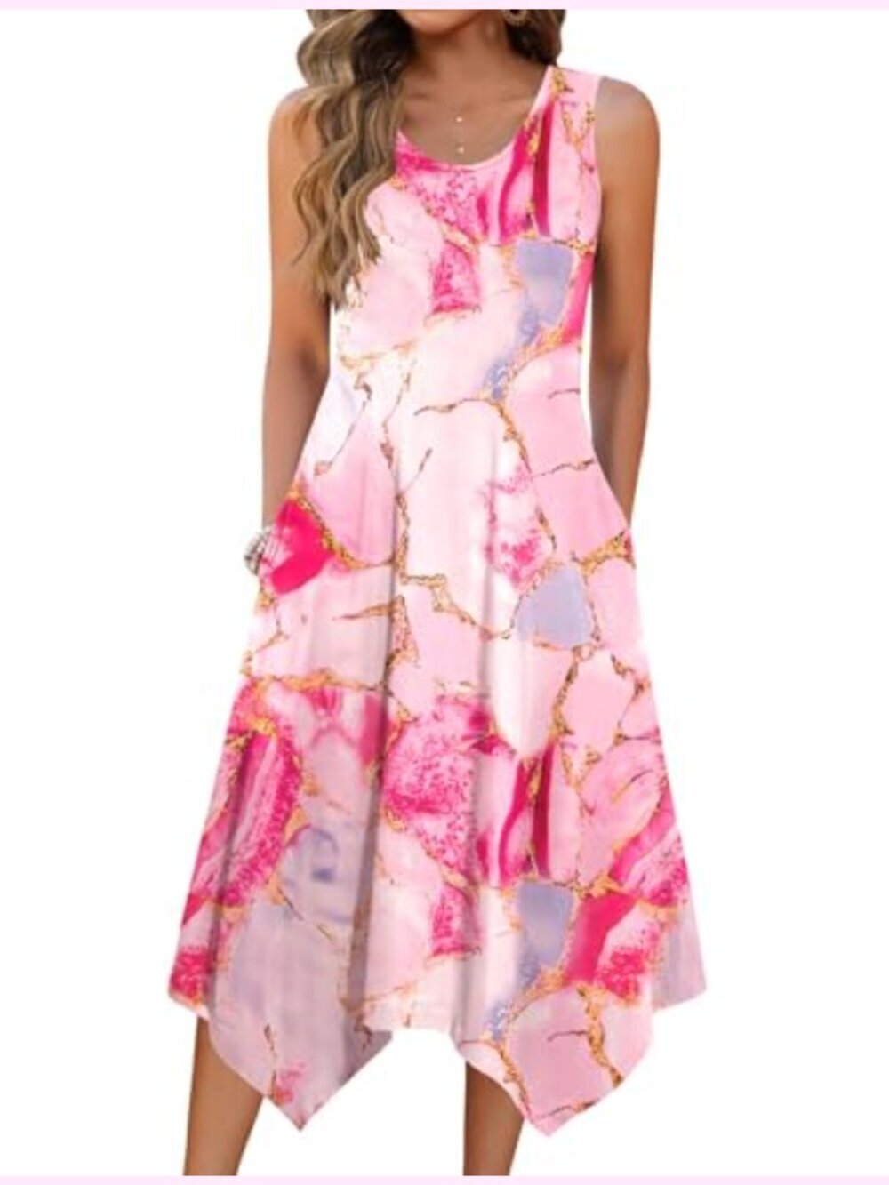 Womens Casual Tank Dress Loose Flowy Midi Sundress with Pockets Handkerchief Hem